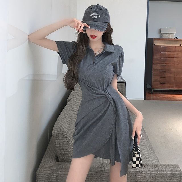 Merymphan - Short-Sleeve Collar Plain Asymmetrical Mini Wrap Dress |  YesStyle