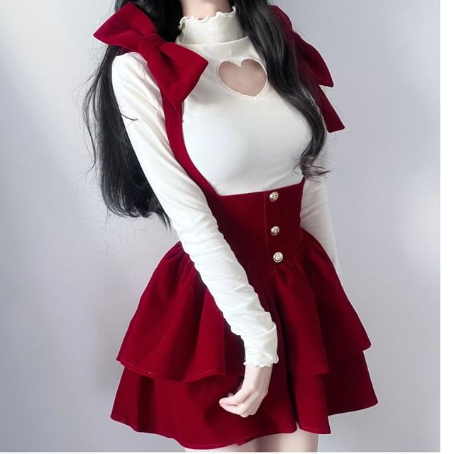 Honwi Long-Sleeve Mock Neck Plain Heart Cutout Top High Waist