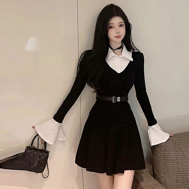 Gelbes - Set: Mock Two-Piece Long-Sleeve Collar Mini A-Line Knit Dress +  Belt | YesStyle