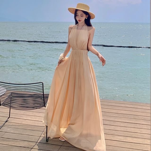 JIYON-Halter Neck Open Back Plain Maxi A-Line Dress
