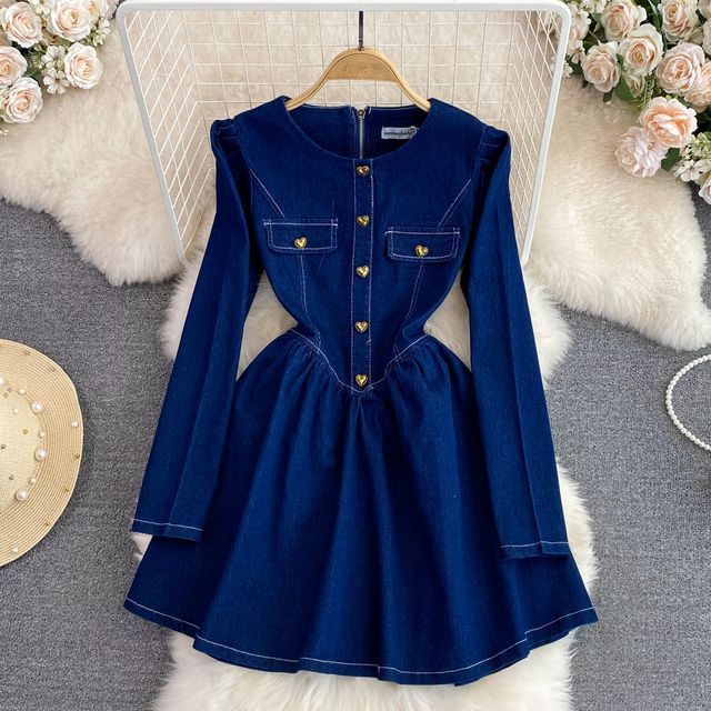 Yearnin - Puff Sleeve Heart Button A-Line Denim Dress | YesStyle