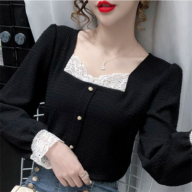Hevnir-Long-Sleeve Square Neck Lace Panel Blouse