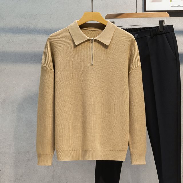 Naideth - Plain Half-Zip Polo Sweater | YesStyle