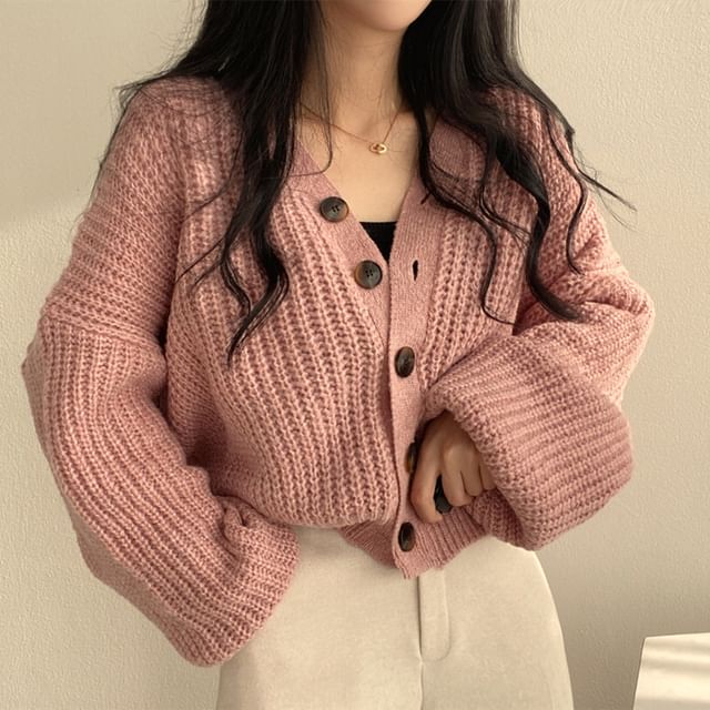 INEN-Button-Up Plain Crop Cardigan