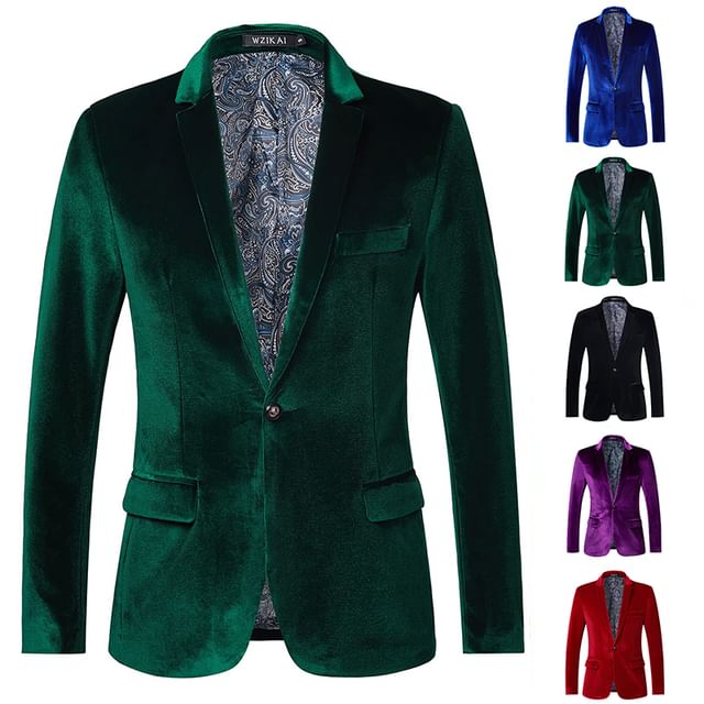 Fireon-Notch Lapel Plain Velvet Single-Button Blazer