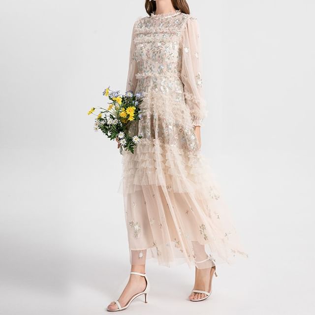 Aurora - Long-Sleeve Crewneck Sheer Embroidered Midi A-Line Dress | YesStyle Aurora - Long-Sleeve Crewneck Sheer Embroidered Midi A-Line Dress | YesStyle