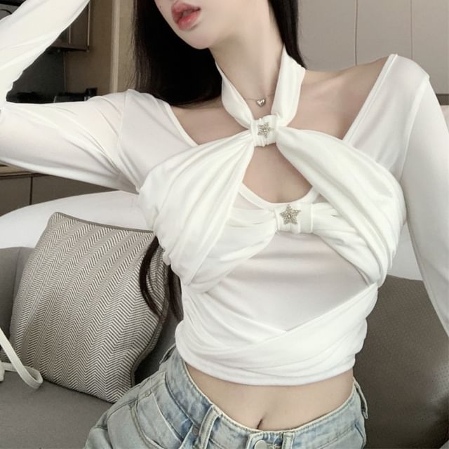 Allinya-Long-Sleeve Halter-Neck Plain Shirred Cutout Tee