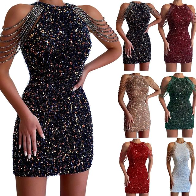 Lexama - Cold-Shoulder Sequined Rhinestone Bodycon Cocktail Dress | YesStyle