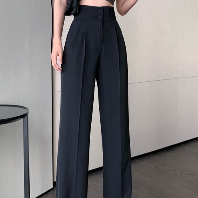 Black High-Waist Shift Wide-Cuff Maxi Dress Pants