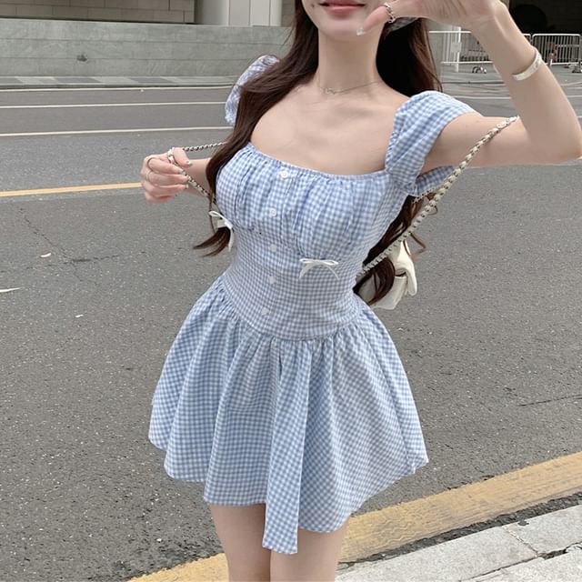 Metonymph - Puff-Sleeve Gingham Bow Mini A-Line Dress / Kerchief | YesStyle