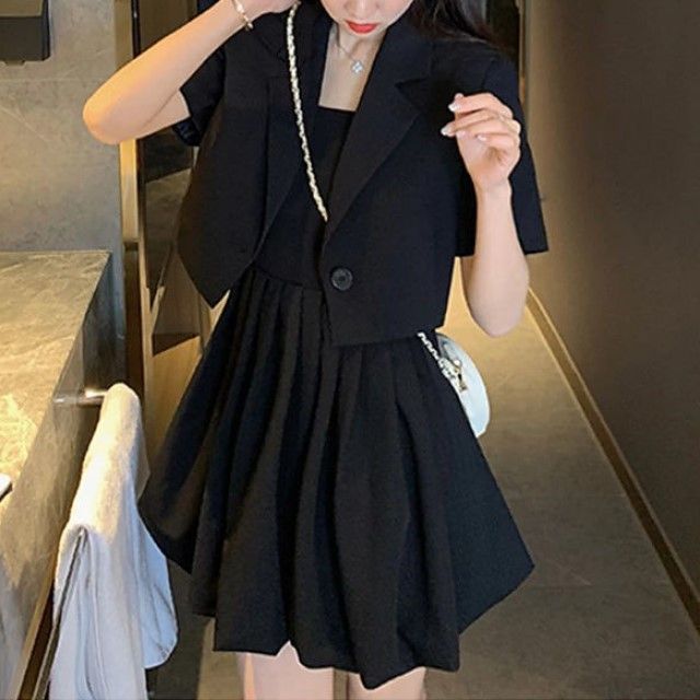 Rocho Short-Sleeve Cropped Blazer Spaghetti Strap Mini A-Line