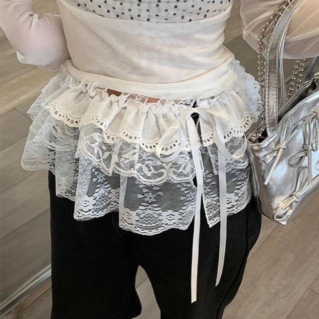 Rosesand-Ruffled-Trim Plain Lace Wrap Skirt