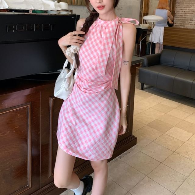 Beem - Halter Neck Gingham Bow Ruched Mini Sheath Dress | YesStyle Beem - Halter Neck Gingham Bow Ruched Mini Sheath Dress | YesStyle