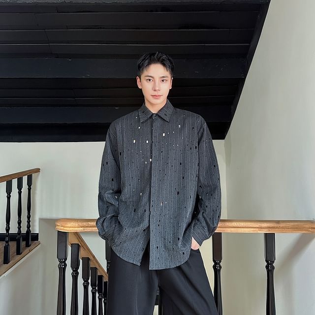 ravewider-Long-Sleeve Striped Perforated Button-Up Shirt