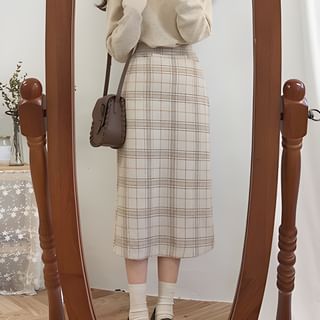 brown Check pencil skirt. Miss patina stirrup skirt