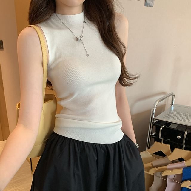 KUMI-Sleeveless Mock Neck Plain Knit Top