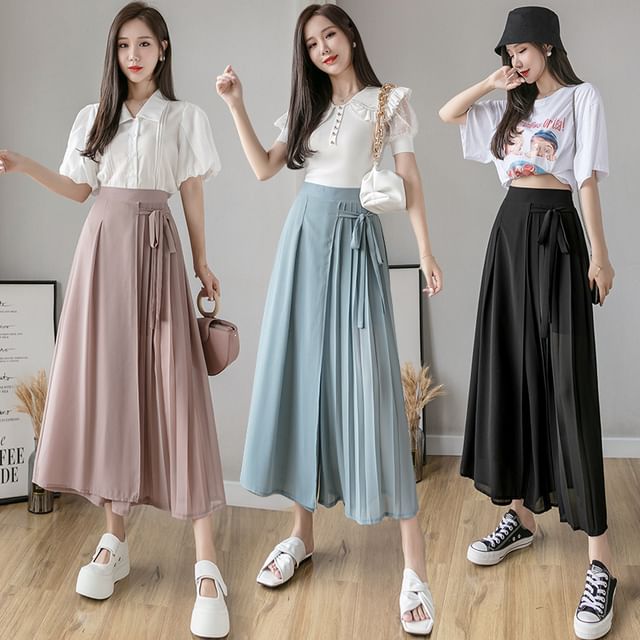 Lexama-High Waist Plain Wrap Cropped Wide Leg Pants