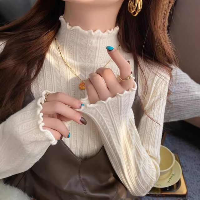 Bigfol-Long-Sleeve Mock Neck Plain Lettuce Edge Knit Top