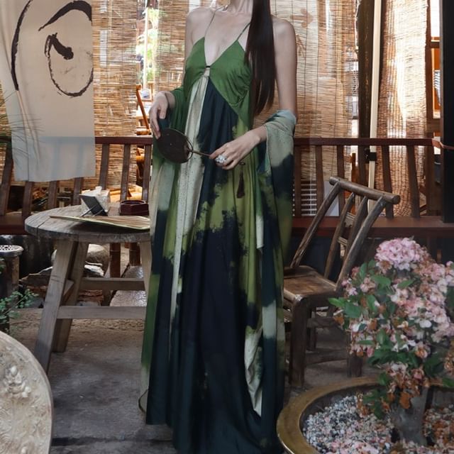 JIYON-Spaghetti Strap Tie Dye Maxi A-Line Sundress Light Jacket