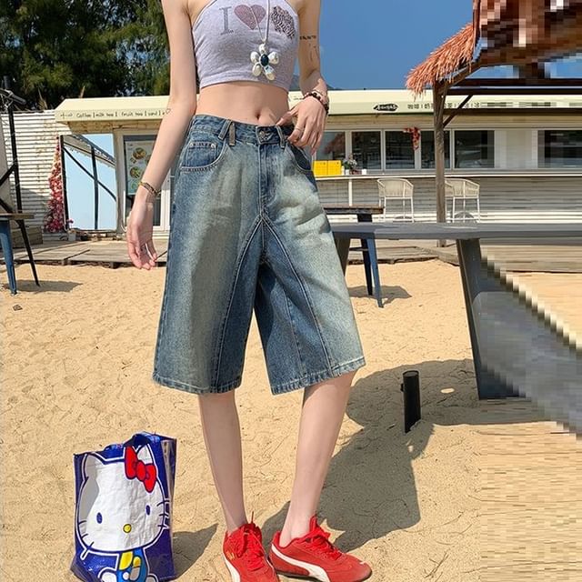 Denimot-Mid Rise Washed Wide Leg Jorts