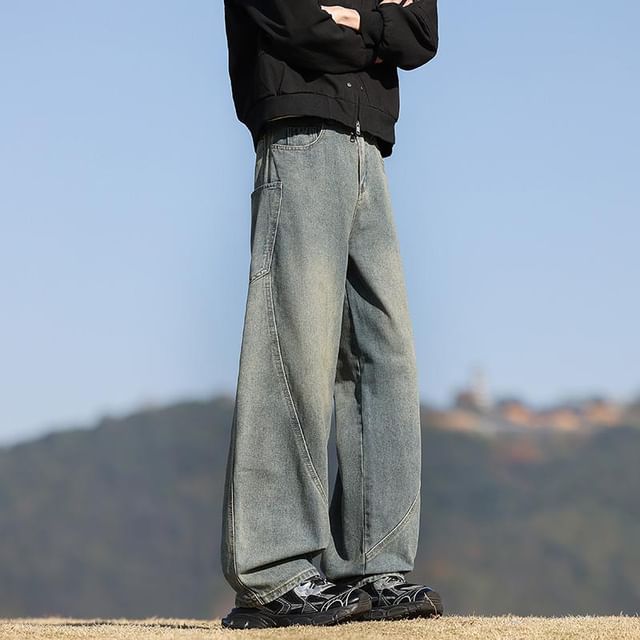 YERGO-Mid Rise Panel Straight Leg Jeans
