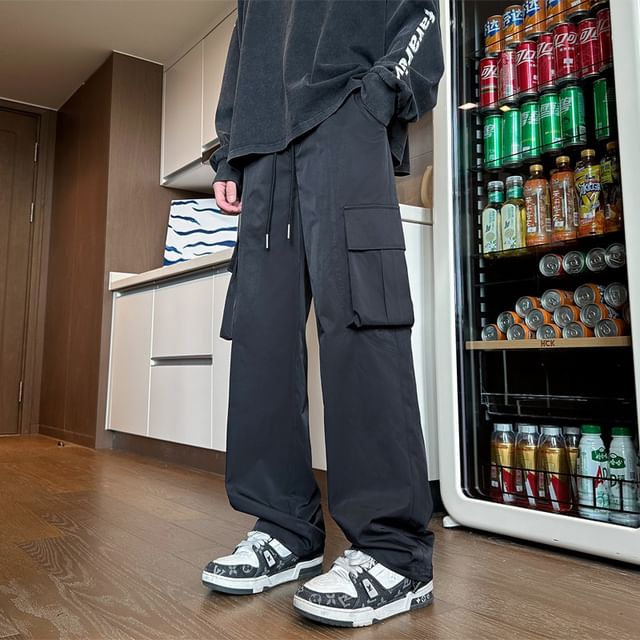 Aozora-Drawstring Waist Plain Loose Fit Cargo Pants