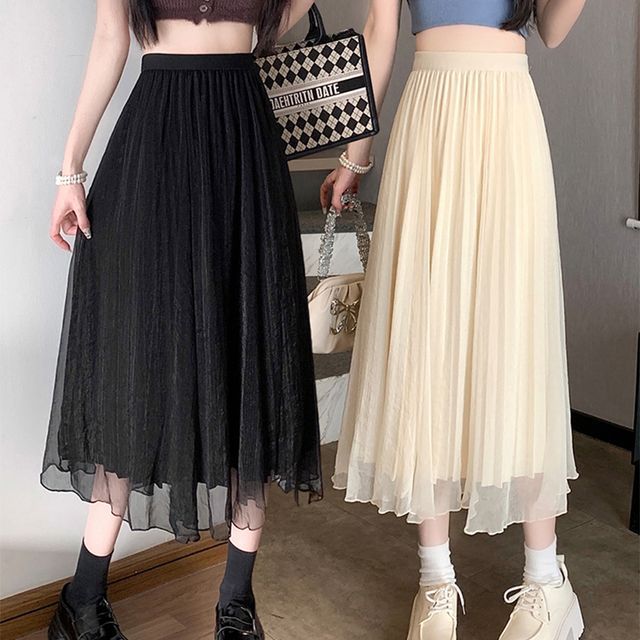 Everose-High Waist Plain Midi A-Line Skirt