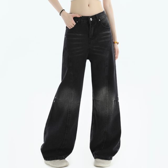 INStudio-High Waist Washed Wide Leg Jeans