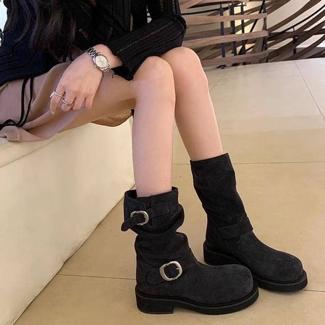 FRAISO-Buckled Chunky Heel Short Boots