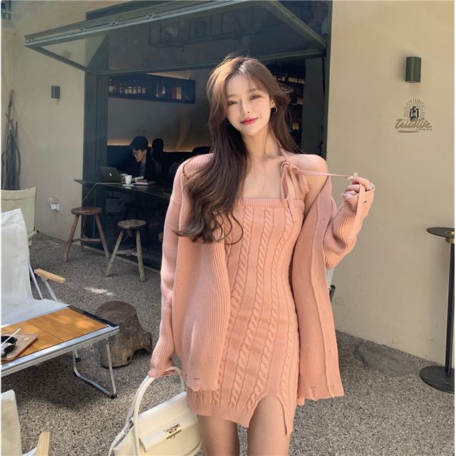 Ginger Girl - Strappy Knit Dress / Cardigan | YesStyle