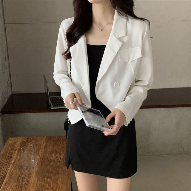 Everose-V-Neck Double Breasted Plain Cropped Blazer