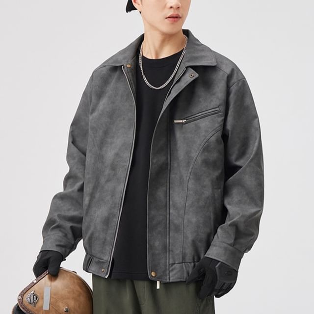 Lefitt-Faux Leather Collared Zip-Up Jacket