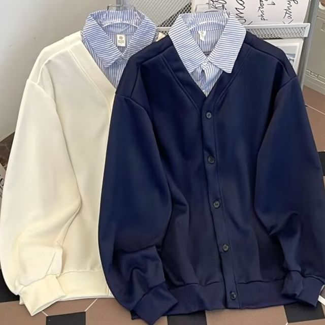 Dukakis-Collar Plain Striped Panel Mock Two-Piece Single-Breasted Jacket