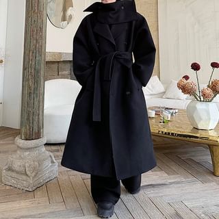 Omozando-Plain Tie Waist Midi Double-Breasted Coat