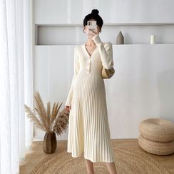 Levsayte - Maternity Mock Two-Piece Short-Sleeve Drawstring Midi A-Line  Dress