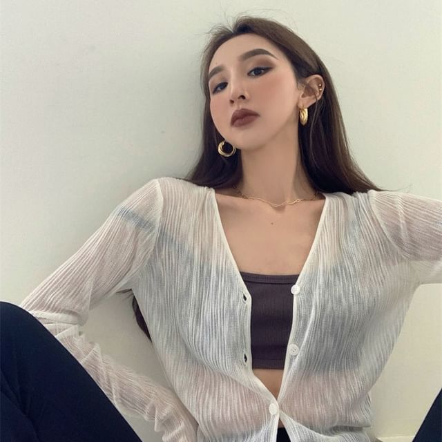 Bigfol-V-Neck Sheer Button-Up Plain Cardigan
