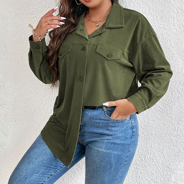 PlusPretty-Plus Size Collared Plain Corduroy Button Down Shirt