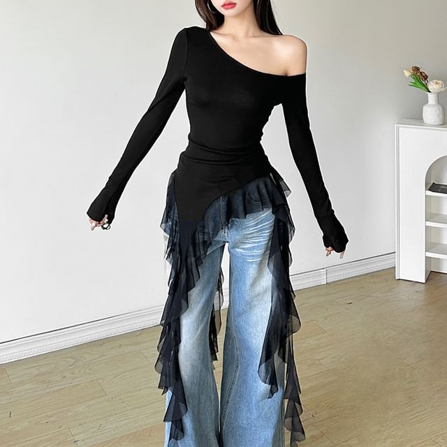 Sugarcoat-Long Sleeve One Shoulder Plain Ruffle Trim Top