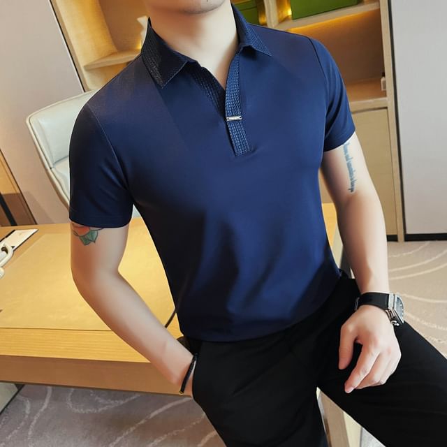 Deepwood-Short Sleeve Plain Panel Polo Shirt