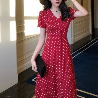 Windflower - Short-Sleeve Dotted Midi A-Line Dress | YesStyle