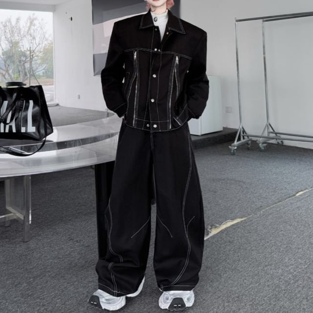 Omozando-Set Button-Up Contrast Stitching Jacket Wide Leg Pants