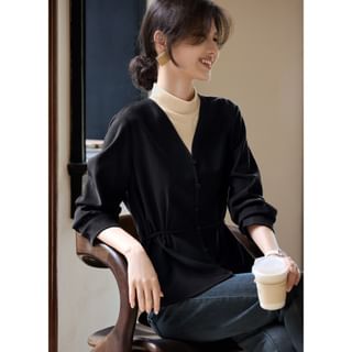 Jeonseon-Mock Neck Long-Sleeve Mock Two Piece Blouse