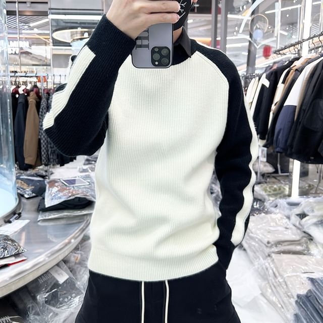 Zentrus-Crew Neck Striped Ribbed Sweater