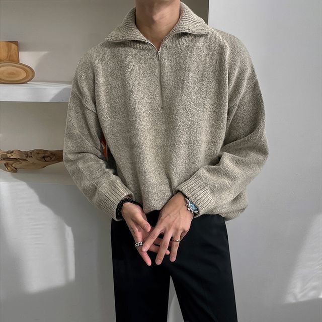 MRCYC-Long-Sleeve Half-Zip Polo-Neck Plain Sweater