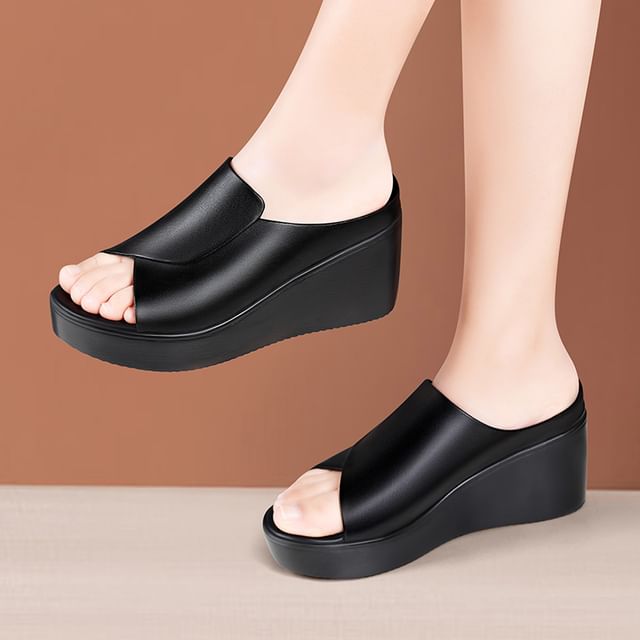 Freesia-Platform Wedge Faux Leather Slide Sandals