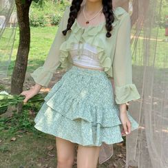 Dute - Ruffle Trim Light Jacket / Lace Camisole Top / Floral A-Line Skirt