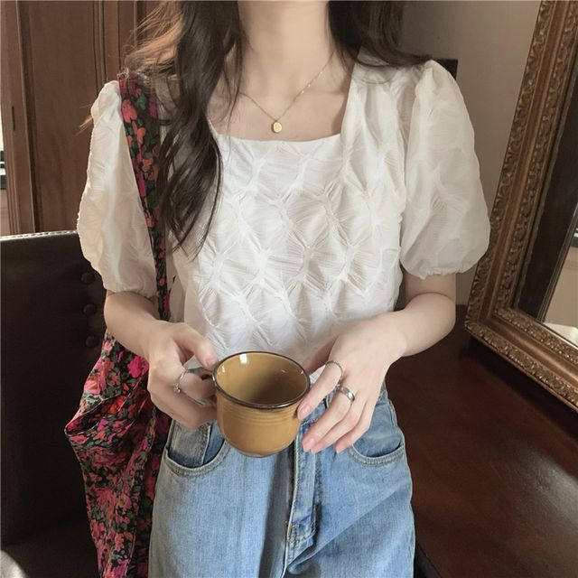 Yako-Puff-Sleeve Square Neck Plain Blouse