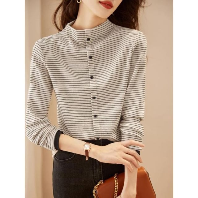 INEN-Long-Sleeve Mock Neck Striped Button Top