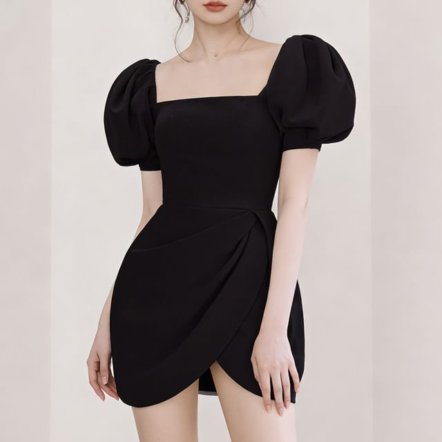 MSSBridal-L - Puff-Sleeve Square Neck Plain Asymmetrical Mini Sheath Dress