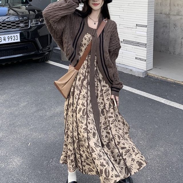 Pickxy - Open Front Cardigan / Long-Sleeve Square Neck Floral Midi A-Line  Dress | YesStyle